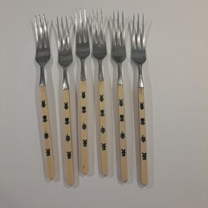 Vtg 6 Japanese 3 Tined Forks Characters Japan Faux Bone Handle  Stainless